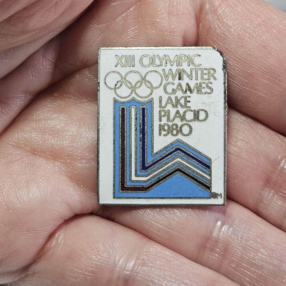 Vntg 1980 XIII Olympic Winter Games Lake Placid Enamel Lapel Pin Silver Tone